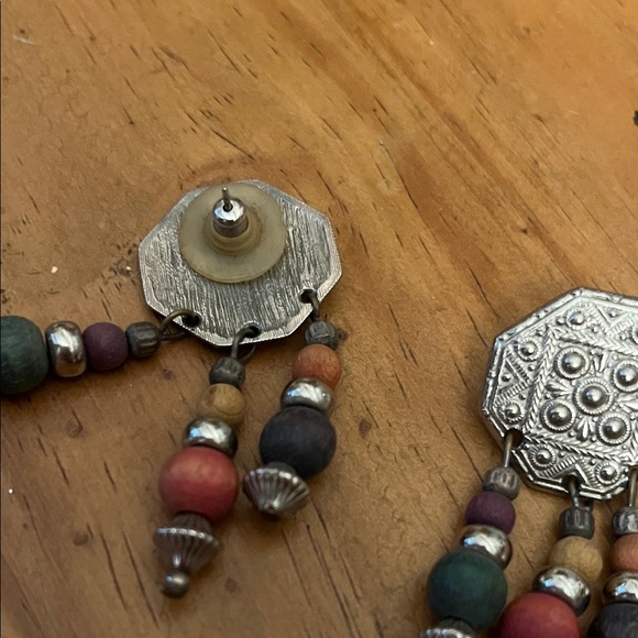 Silver and Multicolor Wood Bead Dangle Earrings - Picture 4 of 6